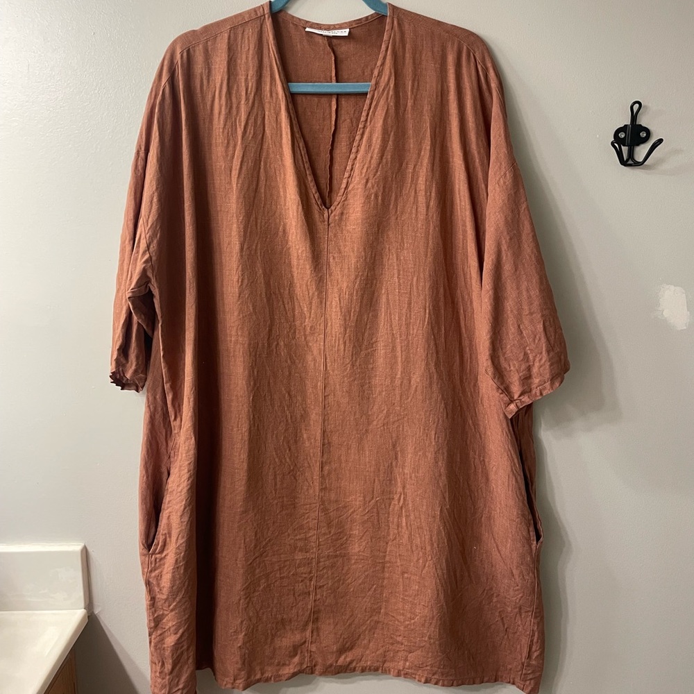 Bingley Natural Linen V-Neck 3/4 Dropped Shoulder Sleeve Shift Dress, Size Large